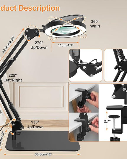 Magnifying Glass with Light and Stand, 5X&10X Lighted Magnifying Glass with Dust Cover, 3 Colors Stepless Dimming Magnifying Lamp with Night and 30Min Timer Mode for Reading Hobby Craft Close Work - LeafyLoom