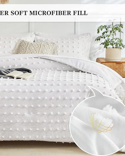 7 Pieces Tufted Dots Bed in a Bag Queen Comforter Set with Sheets White , Soft and Embroidery Shabby Chic Boho Comforters, Solid Color with Pom Pom Design, Jacquard Tufts Bedding Set for All Season - LeafyLoom