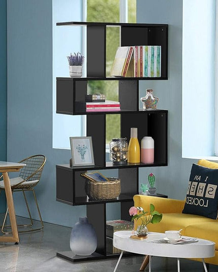 Giantex 5-Tier Geometric Bookshelf Black, 70" Tall Wood Freestanding Decorative Display Open Shelves with Anti-Tipping Device, Each Shelf Holds up to 44 lbs, Wooden S Shaped Bookcase - LeafyLoom