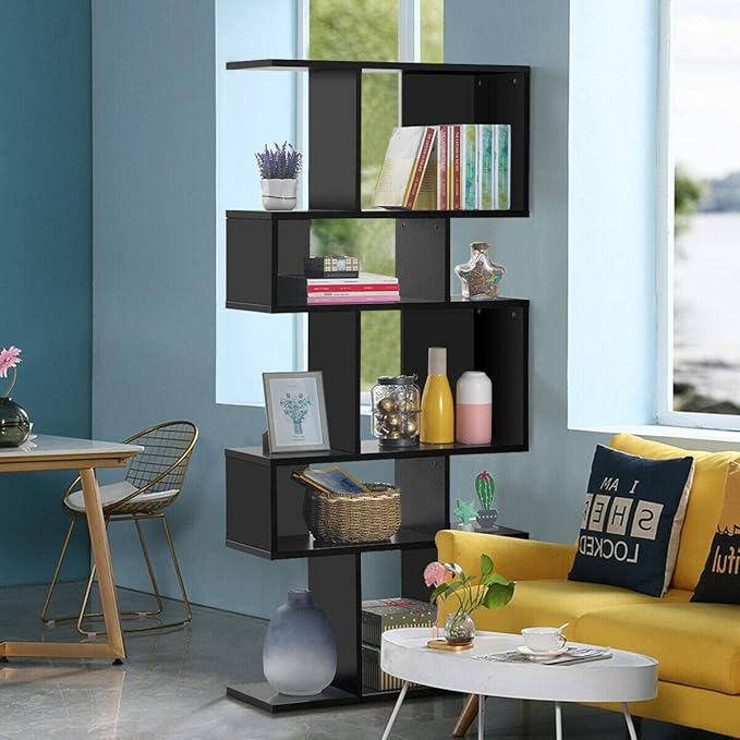 Giantex 5-Tier Geometric Bookshelf Black, 70" Tall Wood Freestanding Decorative Display Open Shelves with Anti-Tipping Device, Each Shelf Holds up to 44 lbs, Wooden S Shaped Bookcase - LeafyLoom