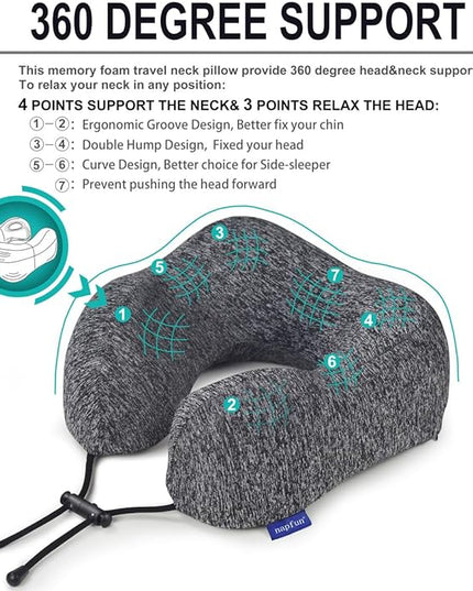 napfun Travel Pillow for Airplane, Premium Memory Foam Neck Pillow for Flight Headrest Sleep, Portable Plane Accessories, Deep Gray - LeafyLoom