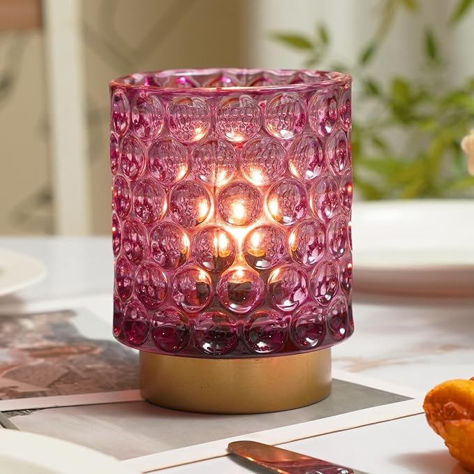 Battery Operated Table Lamp with Timer, 4.7" Tall Round Small Lamps, Cordless Crystal Night Light,Battery Powered Bedside Lamp, for Corner/Living Room/Bedroom/Tabletop, Purple - LeafyLoom
