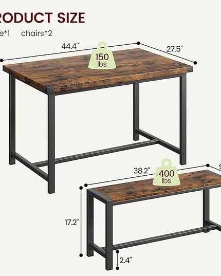 Kitchen Table with Benches, Dining Table Set for 4, Rectangular Dining Room Table Set with 2 Sturdy Benches, 3 Piece Kitchen Table Set for Small Space, Apartment, Studio, Retro Brown - LeafyLoom