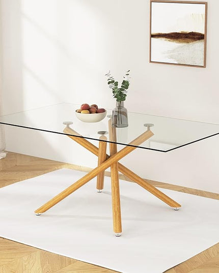 NicBex Large Modern Minimalist Rectangular Glass Dining Table for 6-8 with 0.39" Tempered Glass Tabletop and Wood Color Metal Legs, for Kitchen Dining Living Meeting Room Banquet Hall, Wood - LeafyLoom