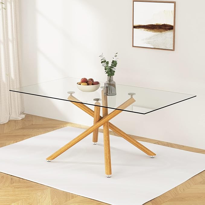 NicBex Large Modern Minimalist Rectangular Glass Dining Table for 6-8 with 0.39" Tempered Glass Tabletop and Wood Color Metal Legs, for Kitchen Dining Living Meeting Room Banquet Hall, Wood - LeafyLoom