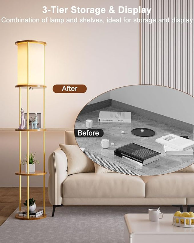 Lightdot 61IN Floor Lamp with Shelves, 3-Tier Storage Gold Standing Lamps with 3000K E26 Bulb Included, Display Shelf Floor Lamp for Living Room Sofa Corner - LeafyLoom