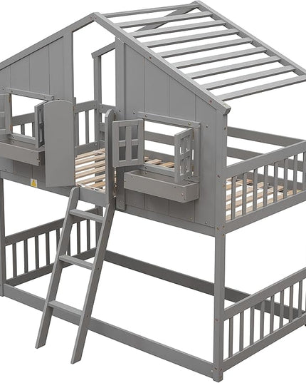Twin Size House Bunk Bed with Roof, Door, Window and Small Box, Wooden Low Bunkbed Frame with Safety Guardrails and Ladder, for Kids Teens Bedroom, Twin Over Twin, Grey - LeafyLoom