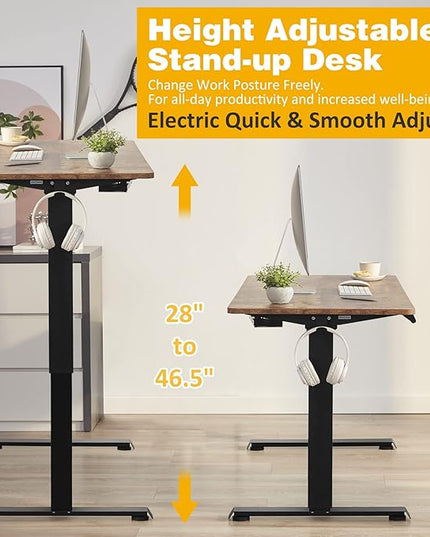 Height Adjustable Electric Stand Up Desk, 48x24 Computer Desk with Memory Presets for Home and Office, Black Frame & Brown Desktop - LeafyLoom