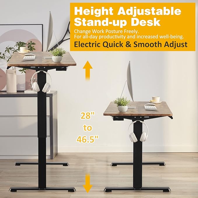Height Adjustable Electric Stand Up Desk, 48x24 Computer Desk with Memory Presets for Home and Office, Black Frame & Brown Desktop - LeafyLoom