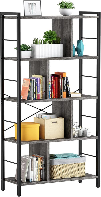 armocity Bookshelf, 5 Tier Tall Modern Bookcase Wood Metal Frame Standing Book Shelf, Display Bookshelves Storage Organizer for Bedroom Living Room Home Office, Grey - LeafyLoom