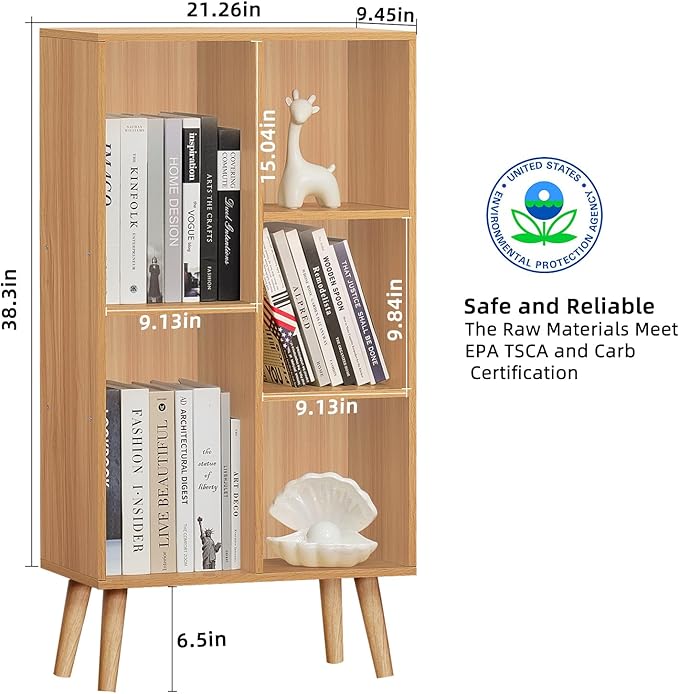 LEYAOYAO Wooden 5 Cube Bookshelf, Natural 3 Tier Book Shelf with Legs, Modern Open Storage Organizer,Boho Bookcase,Display Cabinet Shelf Free Standing Bookshelves for Bedroom,Living Room,Study - LeafyLoom