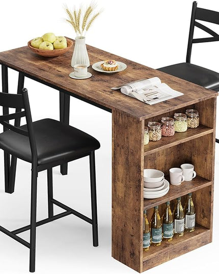 GAOMON Dining Table Set for 2, Kitchen Bar Table and Chairs Set for 2, 3PCS Kitchen Table Set with 2 Upholstered Chairs, Expandable Counter Height Bar Table Set with 3 Storage, Rustic Brown - LeafyLoom