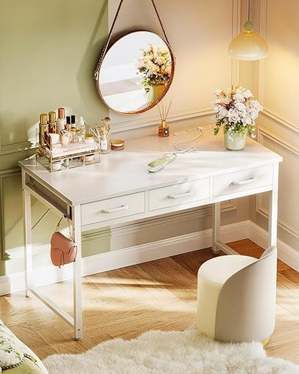 AODK Vanity Desk without Mirror, Makeup Vanity with 3 Fabric Drawers, White Vanity Desk Dressing Vanity Table with Charging Station, 48 Inch Large Girl Vanity, Desk Make Up Vanity for Girls, White - LeafyLoom