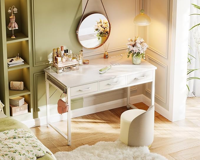 AODK Vanity Desk without Mirror, Makeup Vanity with 3 Fabric Drawers, White Vanity Desk Dressing Vanity Table with Charging Station, 48 Inch Large Girl Vanity, Desk Make Up Vanity for Girls, White - LeafyLoom