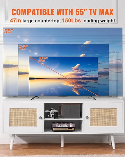 VEVOR Rattan TV Stand, Boho TV Cabinet for 55 inch TV, Mid Century Modern TV Stand, Rattan TV Console with Adjustable Shelfs for Living Room, Media Room, White - LeafyLoom