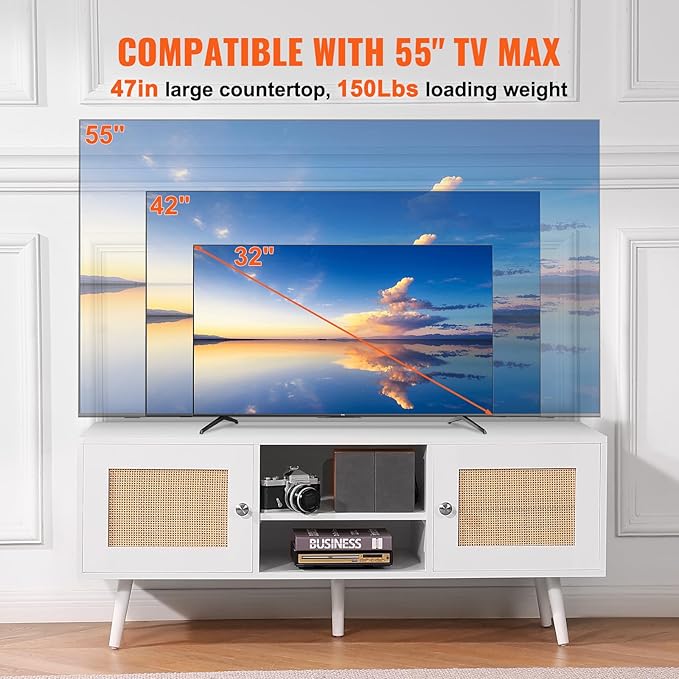 VEVOR Rattan TV Stand, Boho TV Cabinet for 55 inch TV, Mid Century Modern TV Stand, Rattan TV Console with Adjustable Shelfs for Living Room, Media Room, White - LeafyLoom