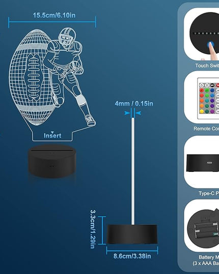 Attivolife Football Player 3D Nightlight, Rugby Illusion LED Lamp with Remote & Touch Control, 16 Colors Changing Dimmable, Great Bedside Decor Birthday GIft for Outsports Lover Children Kids Boys - LeafyLoom
