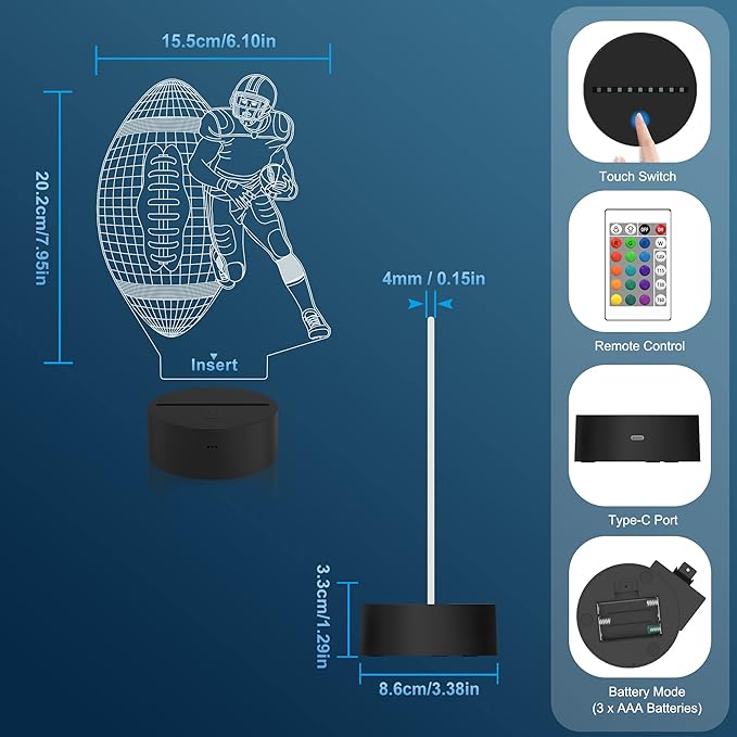 Attivolife Football Player 3D Nightlight, Rugby Illusion LED Lamp with Remote & Touch Control, 16 Colors Changing Dimmable, Great Bedside Decor Birthday GIft for Outsports Lover Children Kids Boys - LeafyLoom