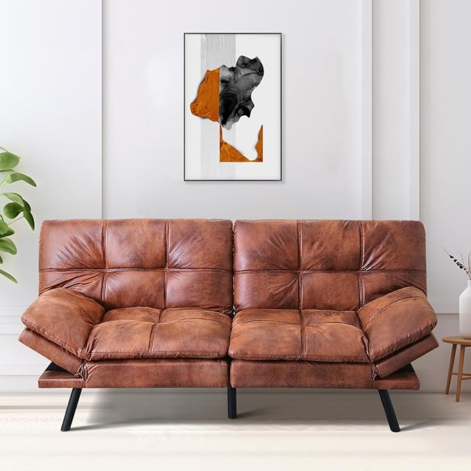 MUUEGM Futon Sofa Bed,Convertible Adjustable Backrest Armrests Memory Foam Couch Bed, Modern Faux Leather Futon Sleeper Couch Loveseat for Living Room,office,Apartment,Small Space,Brown - LeafyLoom