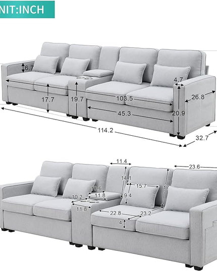 114" Modern Sofa, 4-seat Couch with Console, 2 Cupholders and 2 USB Ports Wired or Wirelessly Charged and 4 Pillows for Living Room, Apartment, 114.2inch, Light Gray - LeafyLoom