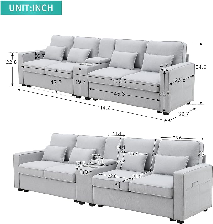114" Modern Sofa, 4-seat Couch with Console, 2 Cupholders and 2 USB Ports Wired or Wirelessly Charged and 4 Pillows for Living Room, Apartment, 114.2inch, Light Gray - LeafyLoom