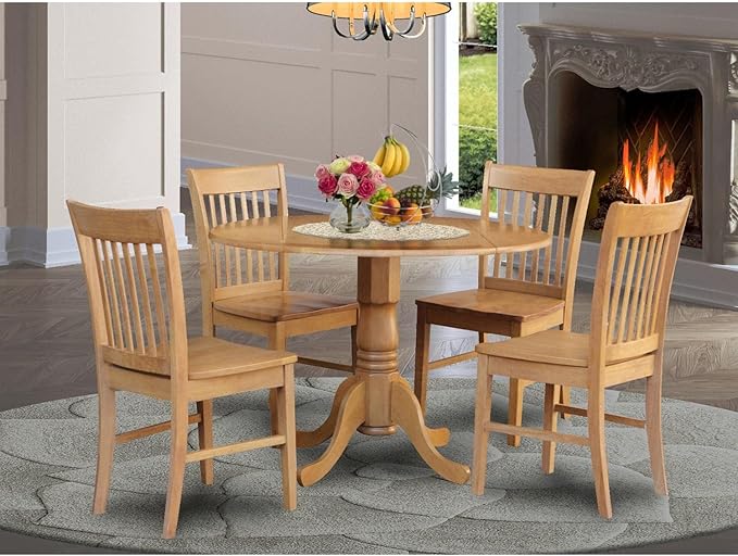 East West Furniture DLNO5-OAK-W Dublin 5 Piece Modern Set Includes a Round Wooden Table with Dropleaf and 4 Dining Chairs, 42x42 Inch - LeafyLoom