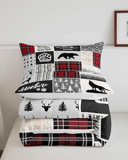 Deer Antlers Comforter Set Twin Size,Bear Paws Pine Trees Xmas Bedding Set for Kids Boys Girls Adults Room Decor,Lattices Patchwork Rustic Farmhouse Down Comforter,Red Duvet Insert,1 Pillowcase - LeafyLoom