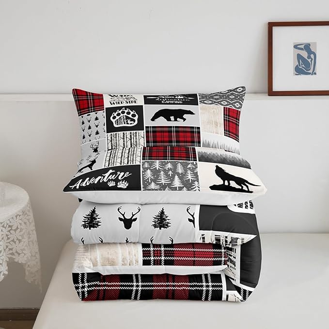Deer Antlers Comforter Set Twin Size,Bear Paws Pine Trees Xmas Bedding Set for Kids Boys Girls Adults Room Decor,Lattices Patchwork Rustic Farmhouse Down Comforter,Red Duvet Insert,1 Pillowcase - LeafyLoom