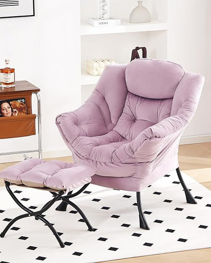 Lazy Chair with Ottoman, Modern Chair with Folding Footrest, Lounge Accent Chair, Comfortable Reading Chair (Light Purple) - LeafyLoom
