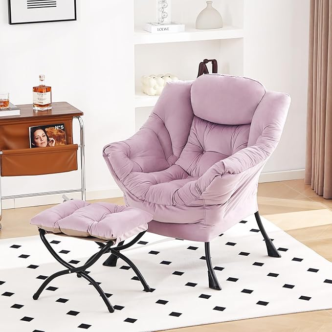 Lazy Chair with Ottoman, Modern Chair with Folding Footrest, Lounge Accent Chair, Comfortable Reading Chair (Light Purple) - LeafyLoom
