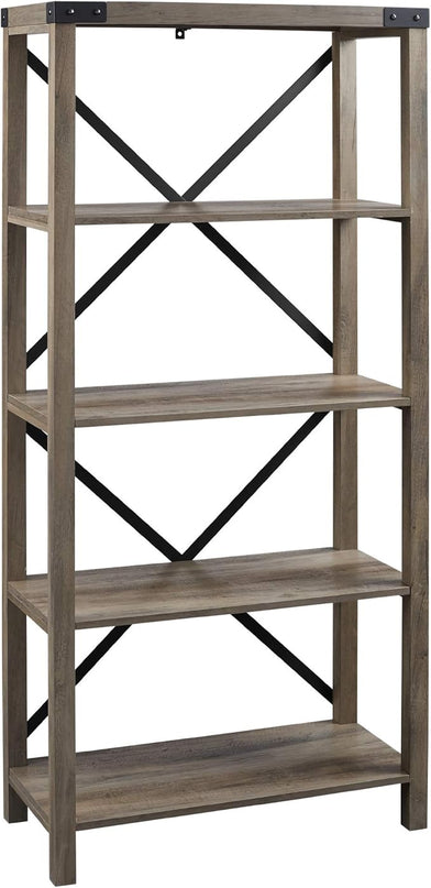 Walker Edison Andersen Urban Industrial Metal X Back 4 tier Bookshelf, 64 Inch, Grey Wash - LeafyLoom