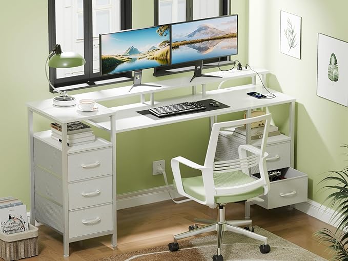White Computer Desk with Power Outlets & LED Lights, Gaming Desk with 5 Fabric Storage Drawers for Working, 55 Inch Home Office Desk with Monitor Stand Shelves, Modern Vanity Desk for Bedroom - LeafyLoom