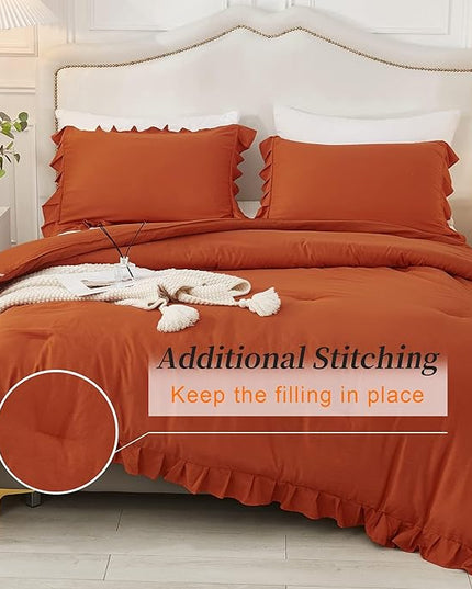 Andency California King Comforter Set Burnt Orange (104x96Inch), 3 Pieces Cal King Ruffle Comforter, Oversized Farmhouse Shabby Chic Bed Comforter, Lighteweight and Soft Microfiber Bedding Set - LeafyLoom