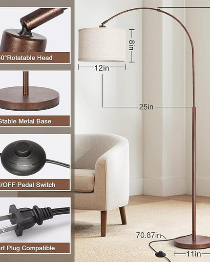 Floor Lamp for Living Room, Vintage Arc Floor Lamp with Adjustable Lamp Head, Tall Pole Lamp with On/Off Pedal Switch, Over Couch Arched Reading Light for Bedroom, Office, Study Room (Antique Bronze) - LeafyLoom