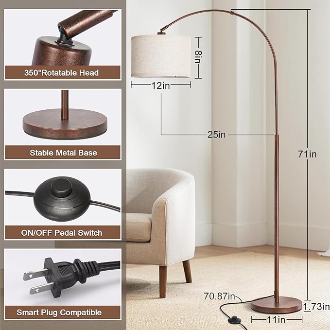 Floor Lamp for Living Room, Vintage Arc Floor Lamp with Adjustable Lamp Head, Tall Pole Lamp with On/Off Pedal Switch, Over Couch Arched Reading Light for Bedroom, Office, Study Room (Antique Bronze) - LeafyLoom
