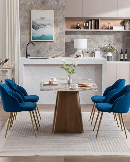 Velvet Dining Chairs Sets of 2, Modern Upholstered Accent Side Chairs with Arm Gold Metal Legs for Kitchen Living Bed Room, Blue - LeafyLoom