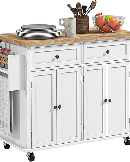 HOMCOM Kitchen Island on Wheels, Rolling Cart with Rubberwood Top, Spice Rack, Towel Rack and Drawers for Dining Room, Distressed White - LeafyLoom