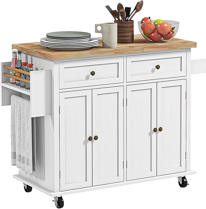 HOMCOM Kitchen Island on Wheels, Rolling Cart with Rubberwood Top, Spice Rack, Towel Rack and Drawers for Dining Room, Distressed White - LeafyLoom