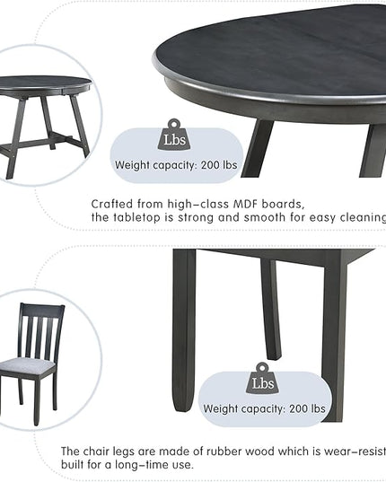 5 Pieces Farmhouse Rustic Dining Set with Solid Wooden Extendable Round Table and 4 Soft Cushion Chair, Home Furniture for Kitchen, Diningroom, Living Room, Drak Grey+Grey - LeafyLoom