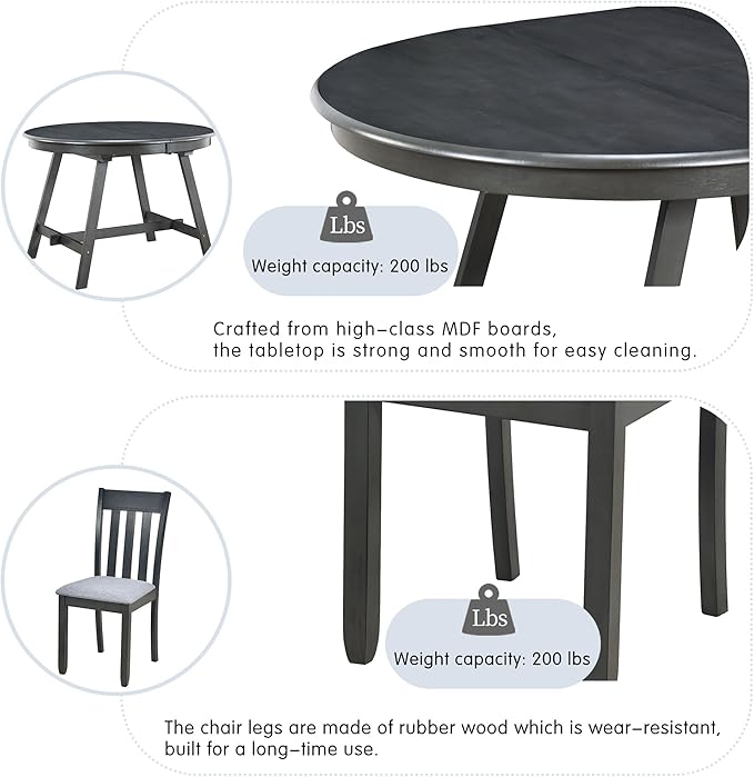 5 Pieces Farmhouse Rustic Dining Set with Solid Wooden Extendable Round Table and 4 Soft Cushion Chair, Home Furniture for Kitchen, Diningroom, Living Room, Drak Grey+Grey - LeafyLoom