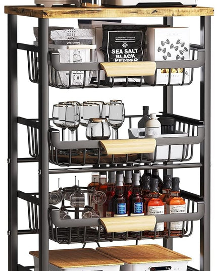 Wisdom Star 5 Tier Fruit Basket for Kitchen, Vegetable Storage Cart with Wooden Tabletop, Vegetable Basket Bins for Onions and Potatoes, Wire Storage Basket Organizer Utility Cart with Wheels, Black - LeafyLoom