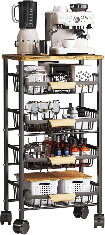 Wisdom Star 5 Tier Fruit Basket for Kitchen, Vegetable Storage Cart with Wooden Tabletop, Vegetable Basket Bins for Onions and Potatoes, Wire Storage Basket Organizer Utility Cart with Wheels, Black - LeafyLoom