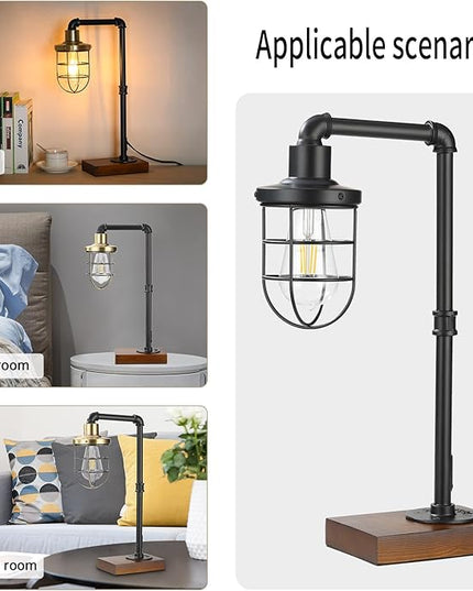 CONCA Steampunk Table Lamp, Industrial Table Lamp, E26 Base Rustic Edison Lighting, Caged Wood Base Iron Tube Table Lamp (B-Black) - LeafyLoom