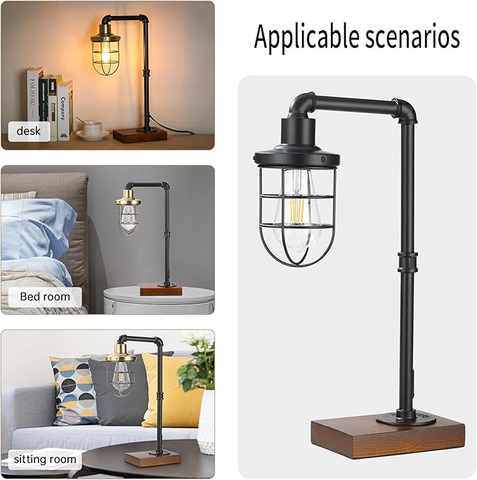 CONCA Steampunk Table Lamp, Industrial Table Lamp, E26 Base Rustic Edison Lighting, Caged Wood Base Iron Tube Table Lamp (B-Black) - LeafyLoom