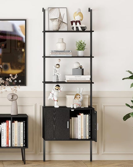 Yusong 73" Tall Bookshelf with Cabinet, Industrial Ladder Wall Mount Shelf Bookcase with Wood and Metal Frame, Plant Shelf Wall Storage Display for Living Room Bedroom, Black Wood Grain - LeafyLoom