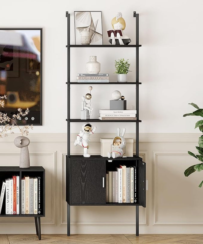 Yusong 73" Tall Bookshelf with Cabinet, Industrial Ladder Wall Mount Shelf Bookcase with Wood and Metal Frame, Plant Shelf Wall Storage Display for Living Room Bedroom, Black Wood Grain - LeafyLoom