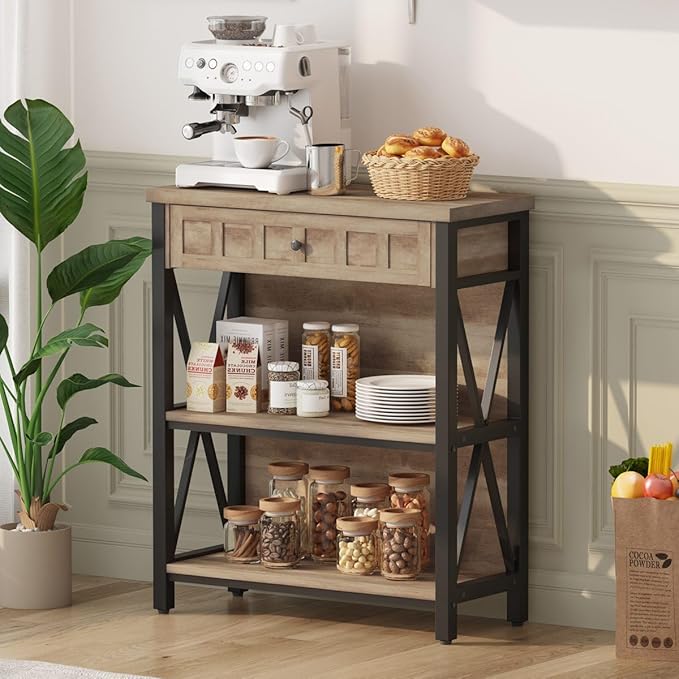 FATORRI Rustic Bookshelf with Drawer, Industrial Wood and Metal Bookcase, Small Book Shelf and Low Book case for Small Space (Rustic Oak) - LeafyLoom