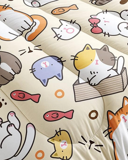 Kawaii Cat Comforter King,Kawaii Animals Comforter Set for Kids Teens Girls,3Pcs Bedding Set Printed Comforter with 2 Pillowcases,Down Alternative,Soft and Lightweight，King Size - LeafyLoom