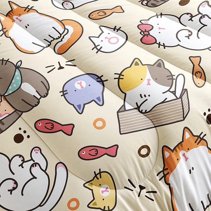 Kawaii Cat Comforter Queen,Kawaii Animals Comforter Set for Kids Teens Girls,3Pcs Bedding Set Printed Comforter with 2 Pillowcases,Down Alternative,Soft and Lightweight，Queen Size - LeafyLoom