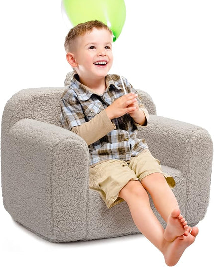 ALIMORDEN Kids Ultra-Soft Snuggle Foam Filled Chair, Toddler Cuddly Sherpa Reading Couch for Boys and Girls, Light Grey - LeafyLoom